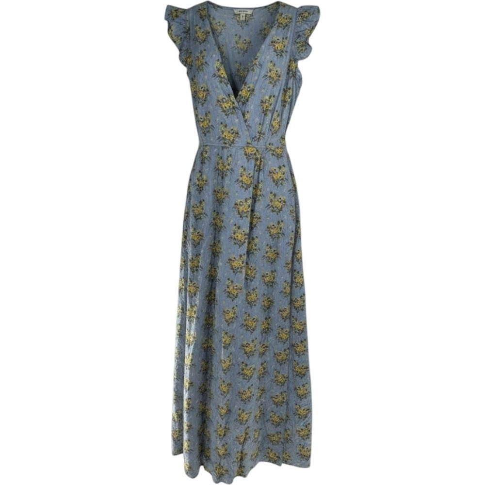 Happy Nature Floral V-Neck Maxi Jumper Blue Yellow Ruffle Sleeve Tie Back Cutout